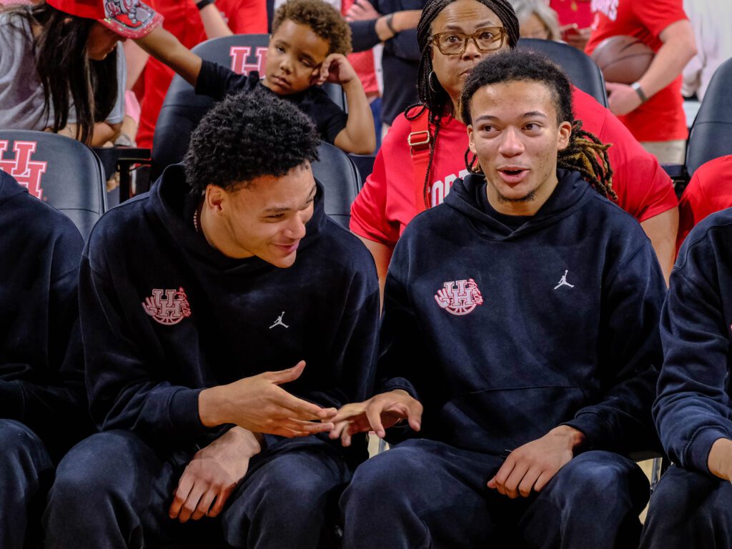 University of Houston freshmen guards Isiah Harwell and Kingston Flemings have fun during their first NCAA Tournament Selection Sunday.  (Photo by F. Carter Smith)