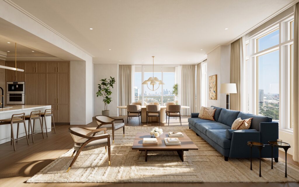 A living/dining area with terrace as planned for the Ritz-Carlton Residences, Houston (Rendering)