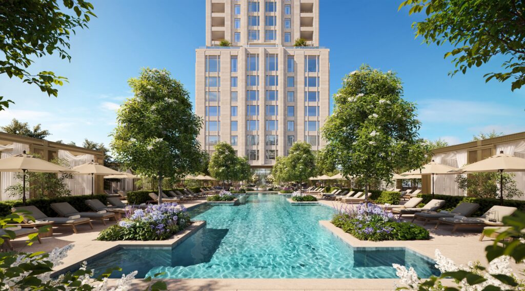 Render of The Ritz-Carlton Residences, Houston hotel courtyard and pool