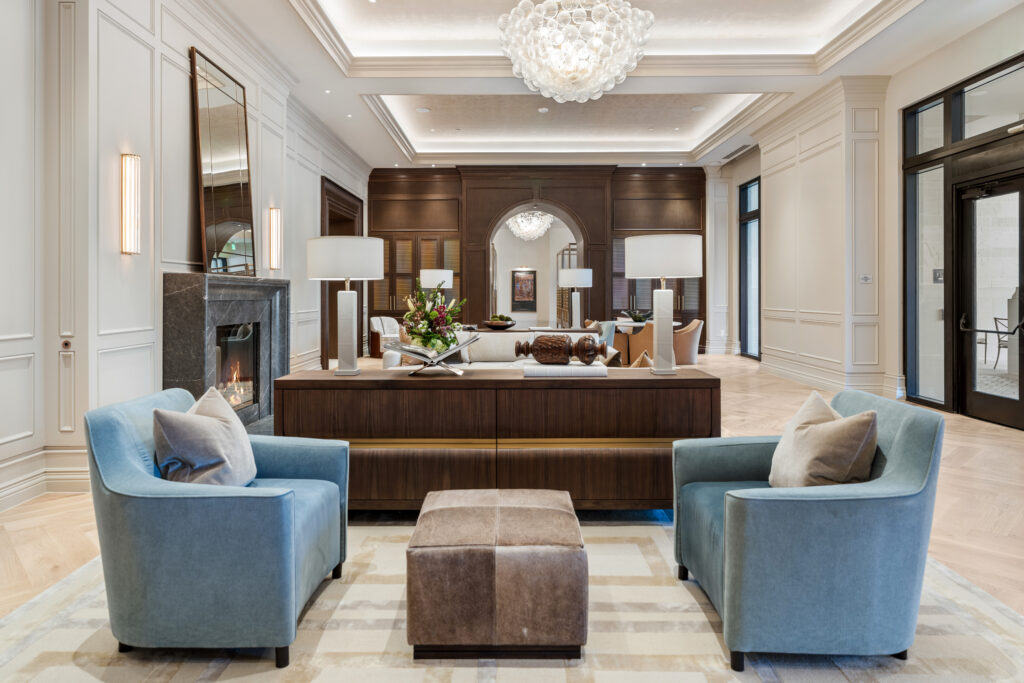 The entry lobby at The Langley where a 24-hour concierge screens visitors and welcome residents (Photo by Josh Gremillion with Gremillion Media) 