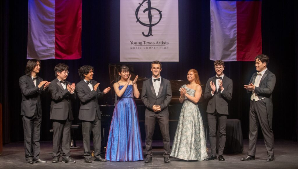 The medalists in the 2026 Young Texas Artists Music Competition are, from left, Huiqun Wu, silver medal, piano division; Sean Yang, gold medal, Piano division; tuba player Diego Jaquez, silver medal, Winds, Brass, Percussion, Harp & Guitar division; violinist Mona Endo, silver medal, Strings division; cellist Cirdan Vonnahme, Grand Prize and gold medal, Strings division; soprano Elizabeth Marlow, silver medal, Voice division; flutist Hunter O’Brien, gold medal, Winds, Brass, Percussion, Harp & Guitar division; and baritone Heechang Byun, gold medal, Voice division, and Audience Choice Award winner. (Photo courtesy of Dave Clements)
