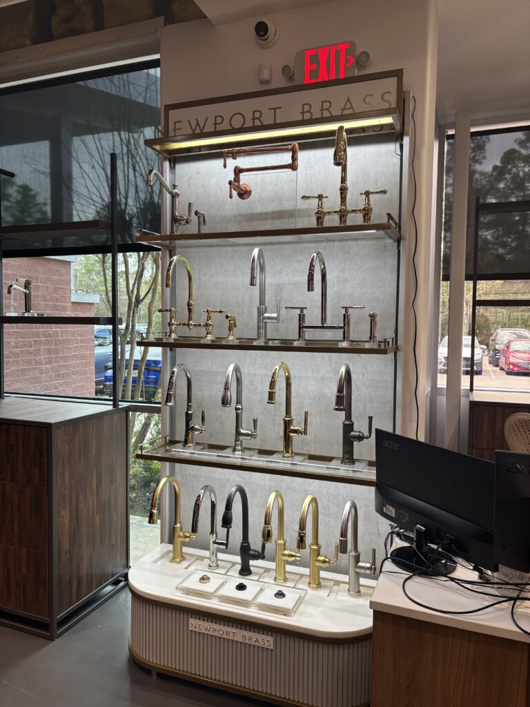 Newport Brass fixtures come in many finishes, and are known for their solid brass construction at Acero Bella. 