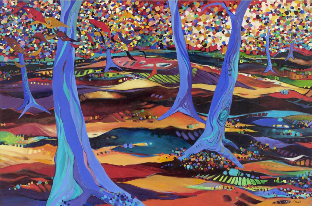 Celebrated as a mentor at Archway Gallery, artist Liz Conces Spencer brings creative life to “Path Through Blue Trees.” (Photo courtesy Archway Gallery)