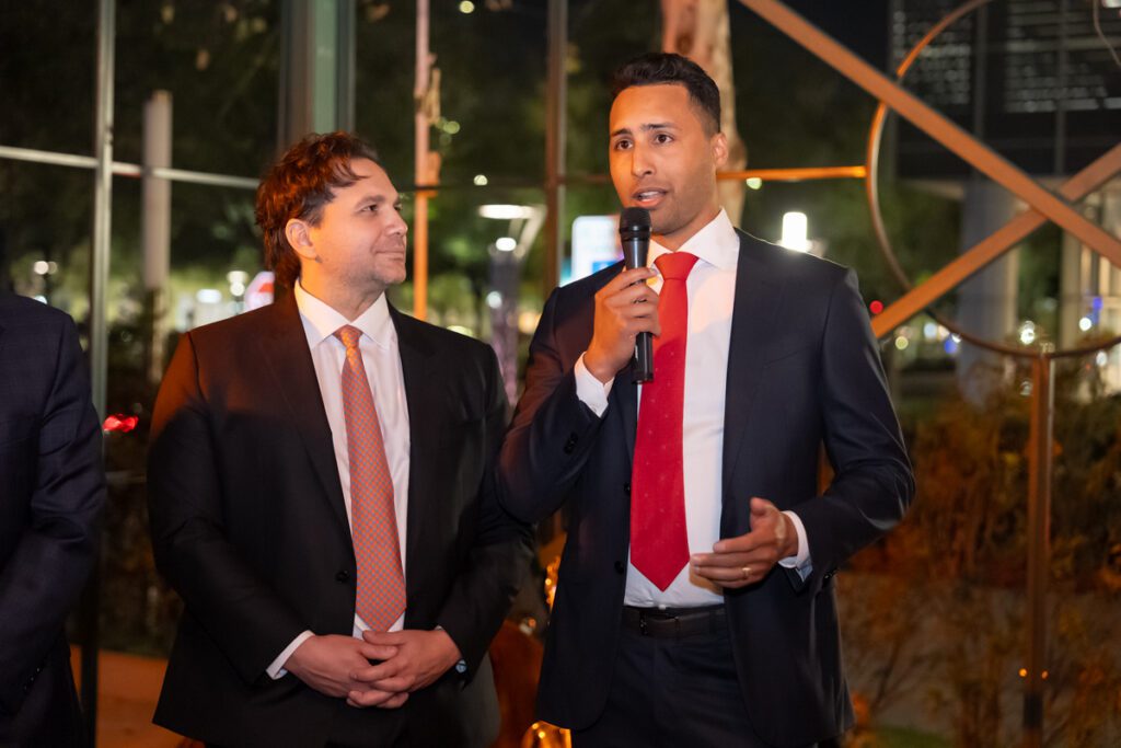 Project developers Andrew Deiso and Taylor Moss at the gala opening of the Ritz-Carlton Residences, Houston sales gallery