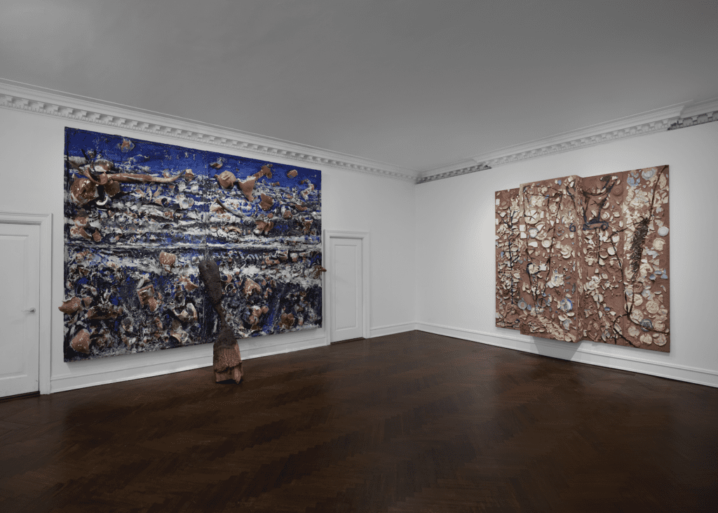 Exhibition view, Julian Schnabel Plate Paintings 1978 - 2025, Mnuchin Gallery, New York 2025, with "The Sea," 1981 and "The Patients and the Doctors," 1978 (Photo by Tom Powel Imaging)