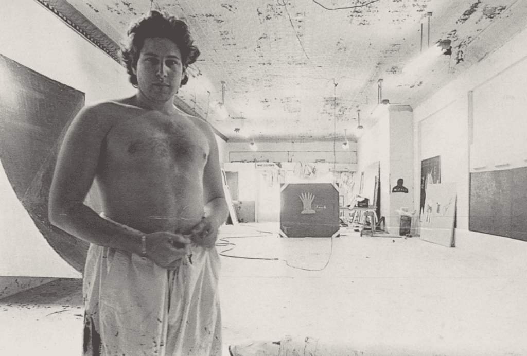 Julian Schnabel in his 19th Street studio, The Heights, Houston 1975 (Photo by Tim Street-Porter)