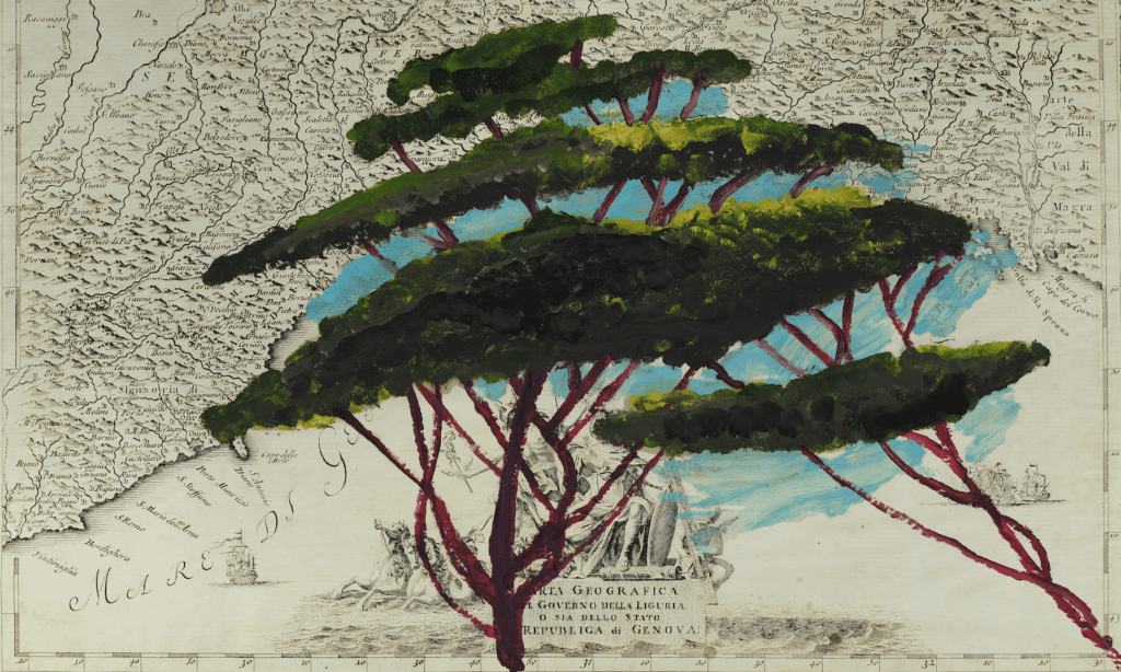 Portrait of Italy Through Its Trees Painting on Map XXIV, 2026 (© Julian Schnabel Studio. Photo by Tom Powel Imaging)