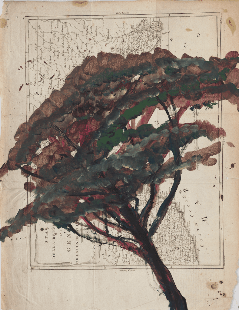 Portrait of Italy Through Its Trees Painting on Map X, 2025 (© Julian Schnabel Studio. Photo by Tom Powel Imaging)
