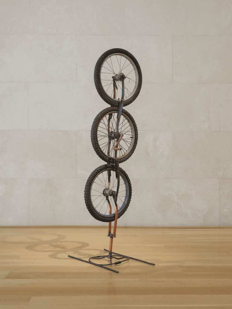 Installation view of Robert Rauschenberg, "Untitled (Late Kabal American Zephyr)," 1985, at Nasher Sculpture Center (© Robert Rauschenberg Foundation, courtesy Robert Rauschenberg Foundation. Photo by Kevin Todora, courtesy Nasher Sculpture Center.)