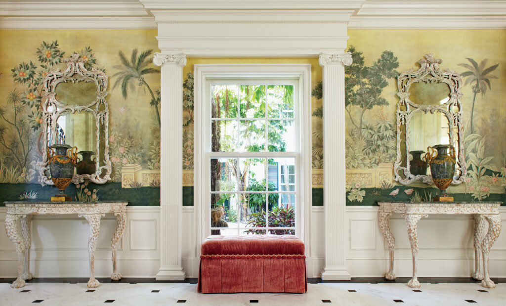 In a room designed by Katherine Shenaman, the Gracie paper was created by Linda Gracie and first introduced twenty-five years ago, and pays homage to the ancient frescoes at the Villa of Livia just outside Rome. 