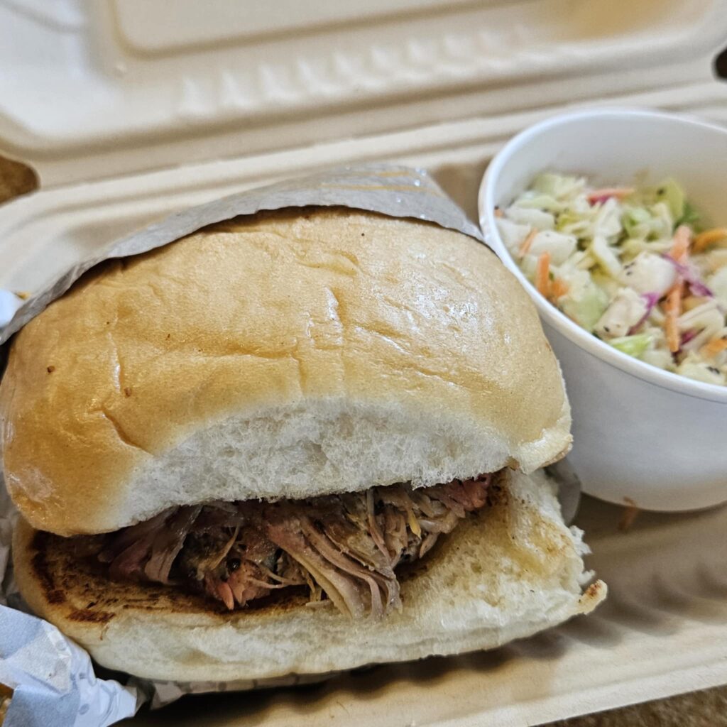 We recommend the pulled pork sandwich and coleslaw from Heim Pig Stand. (Photograph by Edward Brown)