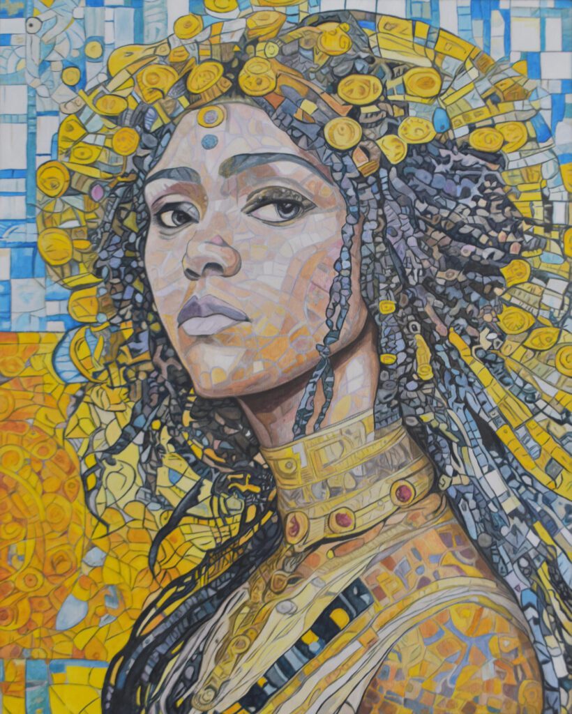 Evan Hunt’s acrylic on canvas painting “Cleopatra” (2024) draws on Art Nouveau influences and intricate, mosaic-like detail. (Photo courtesy Evan Hunt)