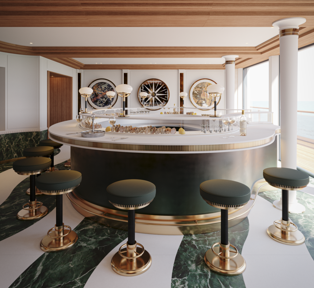 The 721-foot Orient Express Corinthian, is the world’s largest sailing yacht, also designed by Maxime d’Angeac.