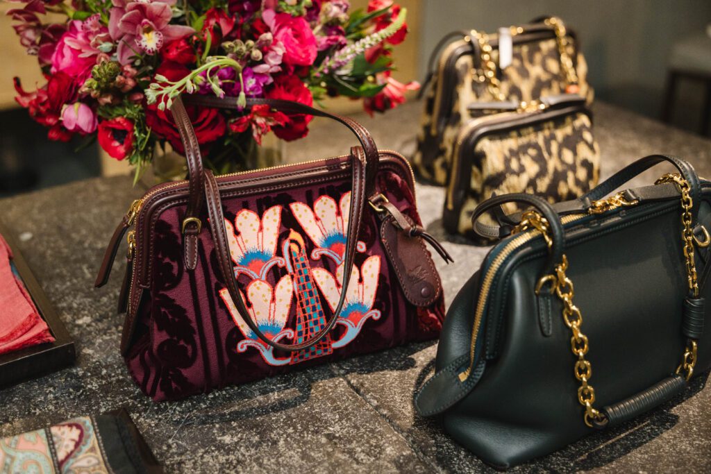 Detail of the Etro handbag collection on view for a VIP showing at Hotel Granduca   (Photo by Johnny Than)