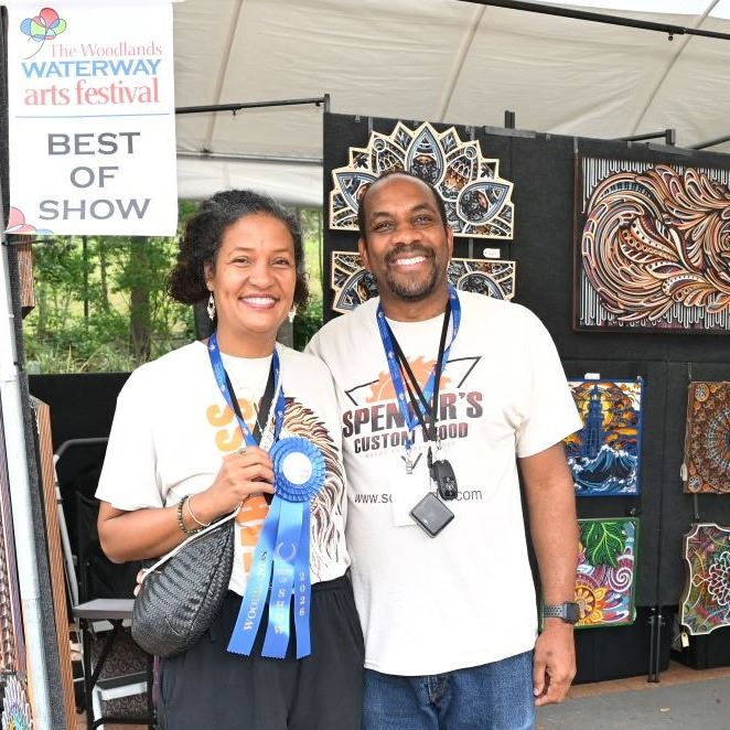 Laddavan and Sidney Spencer of Elgin won Best of Show in 3D Mixed Media at the 2026 Woodlands Waterway Arts Festival. (Photo courtesy The Woodlands Arts Council)