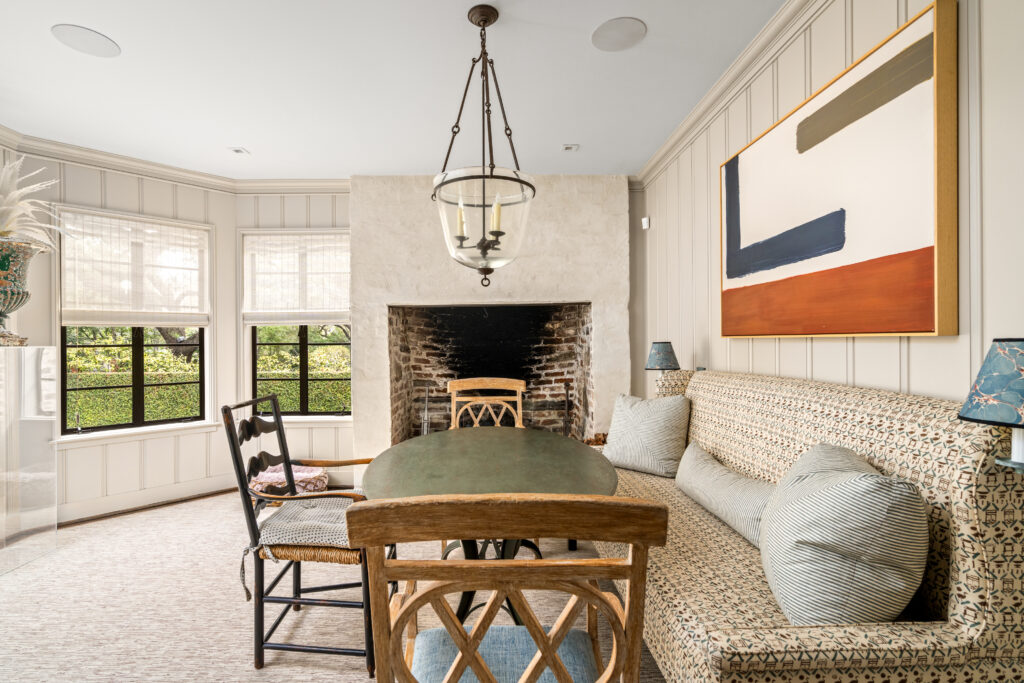 The cozy breakfast room with wood burning fireplace at 1419 Kirby (Photo by Sonya Bertolino / Compass)