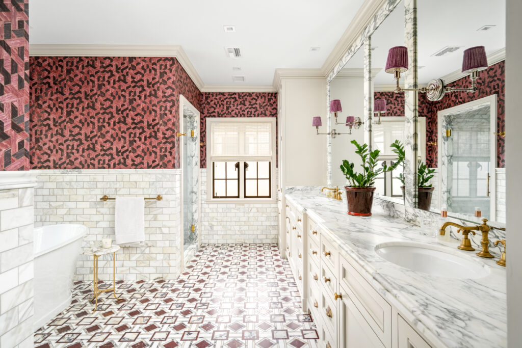 The primary bath at 1419 Kirby featuring  Eltis wall covering and Walker Zanger tile (Photo by Sonya Bertolino / Compass)