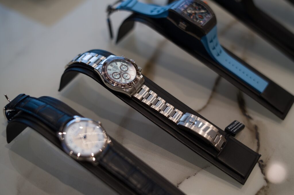 Fancy time pieces headed for the Phillips auction in New York in June on display at the St. Regis Residences Houston sales gallery (Photo by Daniel Ortiz)