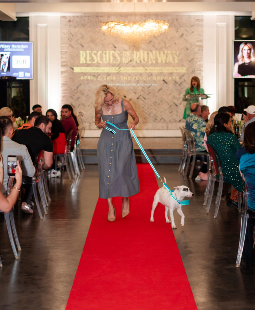 Interfaith president and CEO Missy Herndon wrangles her pup down the runway during Operation Pets Alive’s Rescues on the Runway event at The Peach Orchard. (Photo by CS Wedding Co.)