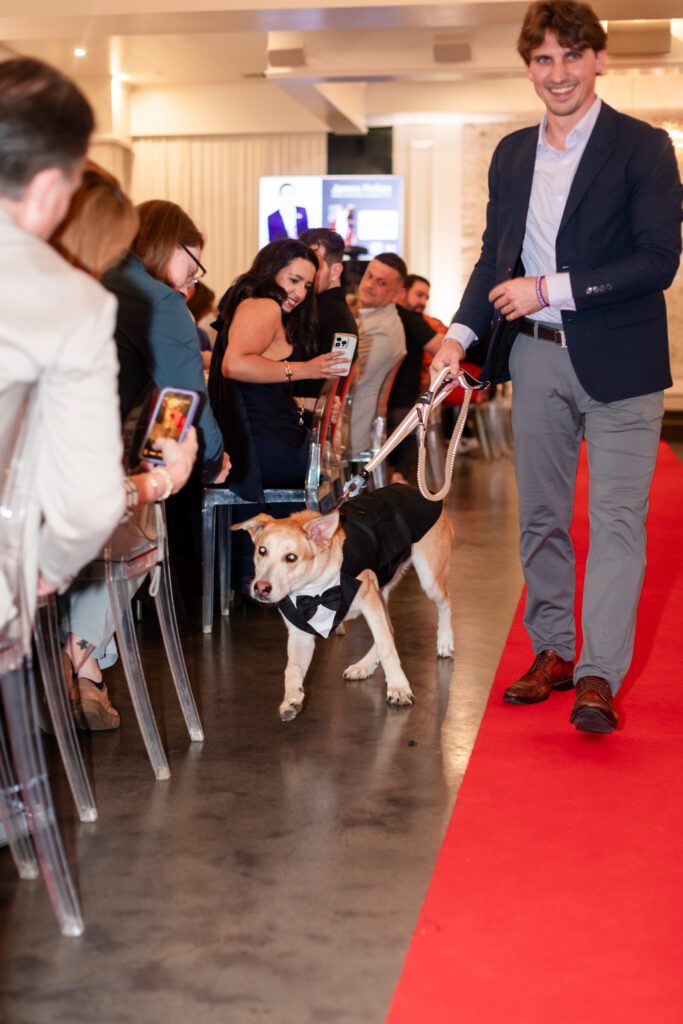 James Holian, director of the Kevin Brady Community Center, walks a pup down the runway at Operation Pets Alive’s Rescues on the Runway event at The Peach Orchard. (Photo by CS Wedding Co.)