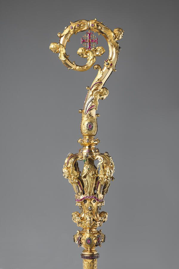 A jeweled crozier, carried in procession, reflects the wealth and symbolism embedded in ceremonial objects sent from European courts to Jerusalem. (Photo by Joseph Coscia Jr.)