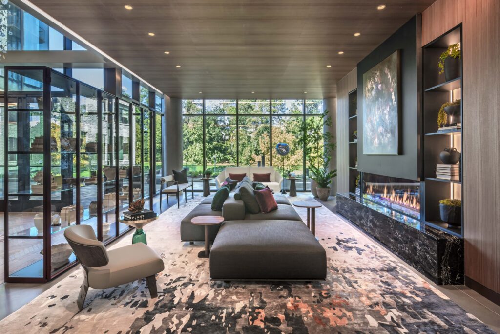 The Riva Row Lobby Lounge, with jewel tones and ceramics. (Image by Eric Laignel Courtesy of MaRS Culture)