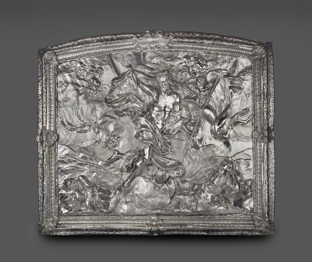 The Resurrection (Naples, 1736) combines cast and hammered silver techniques to depict Christ rising from the tomb in a highly sculptural relief. (Photo by Joseph Coscia Jr.)