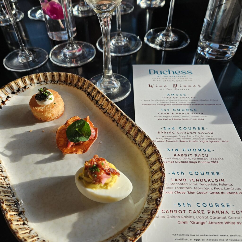 Chef Marcus Kopplin's recent wine pairing dinner opened with a "Trio of Snacks." (Photograph by Edward Brown)
