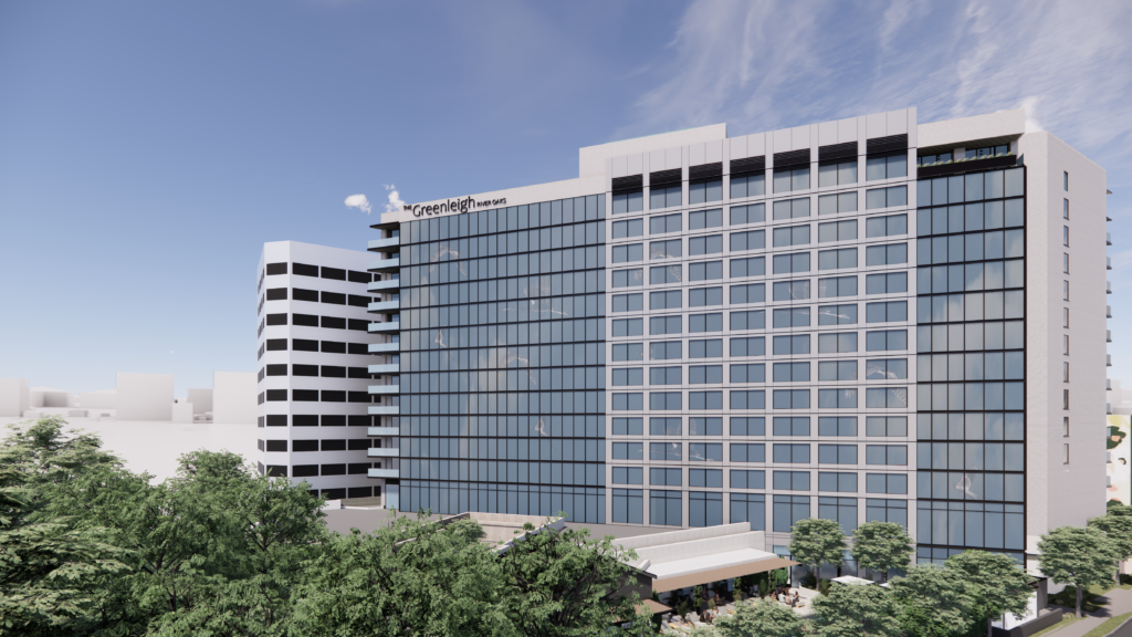 A view of the west elevation of the Greenleigh that shows the bird art on the frit glass.