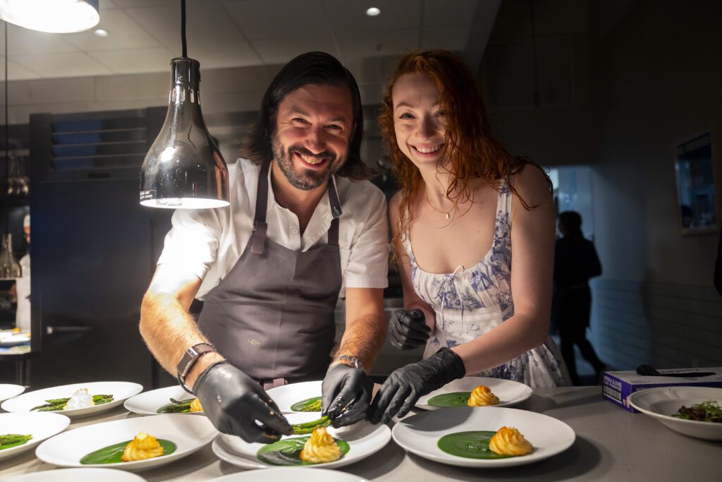 Chef Aaron Bludorn, Alyssa Springer  at Navy Blue for Houston Ballet's 'Raising the Barre' dinner  (Photo by Annie Mulligan)