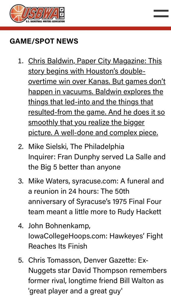 PaperCity's Chris Baldwin won a national award for his coverage of the University of Houston basketball team.