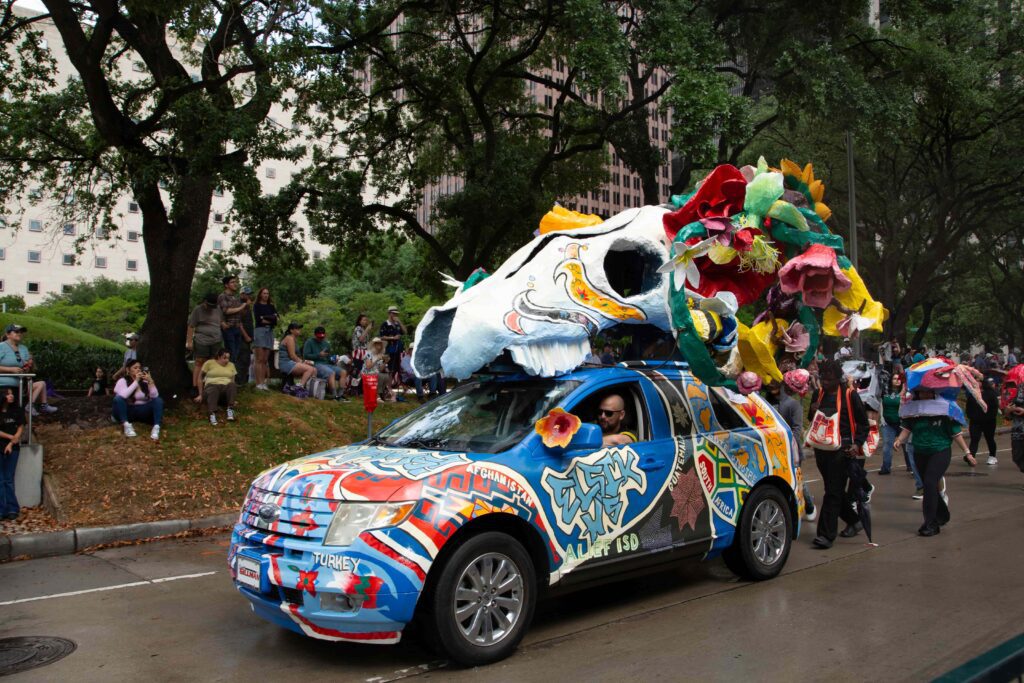 “Our Myriad of Cultures, Our Myriad of Strengths” by Cavan Leerkamp and the Elsik High School Rams won a first-place award at the Orange Show’s 39th Annual Art Car Parade. (Photo by Mike Herrera)
