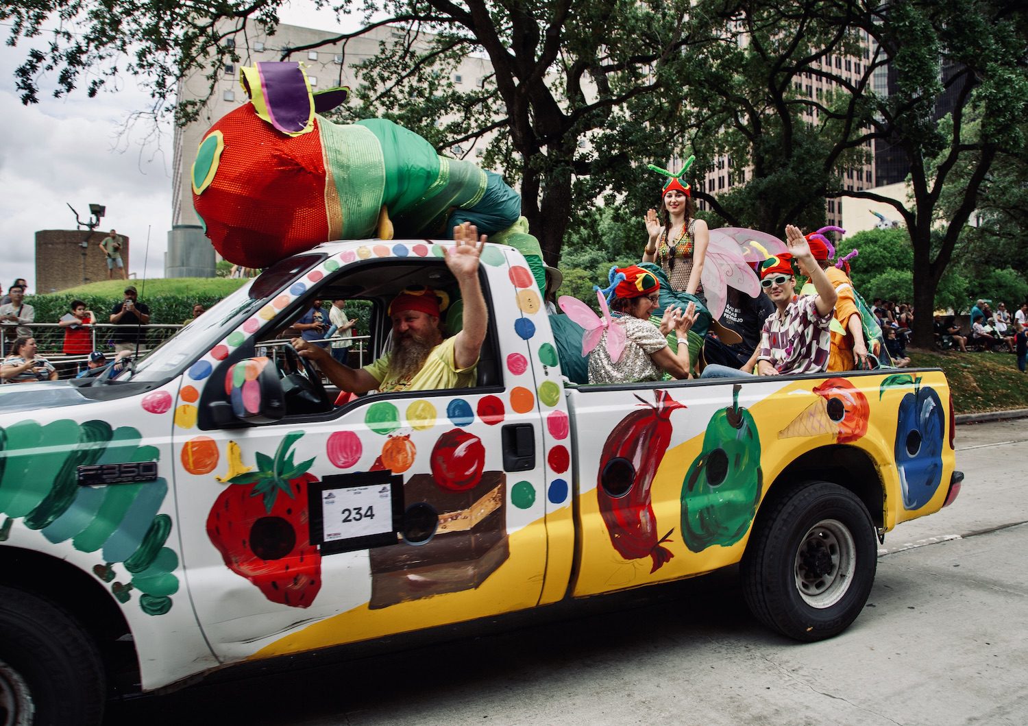 "The Very Hungry Caterpillar" by The Lemburger Family at the Orange Show's 39th Annual Art Car Parade. (Photo by Mike Herrera)