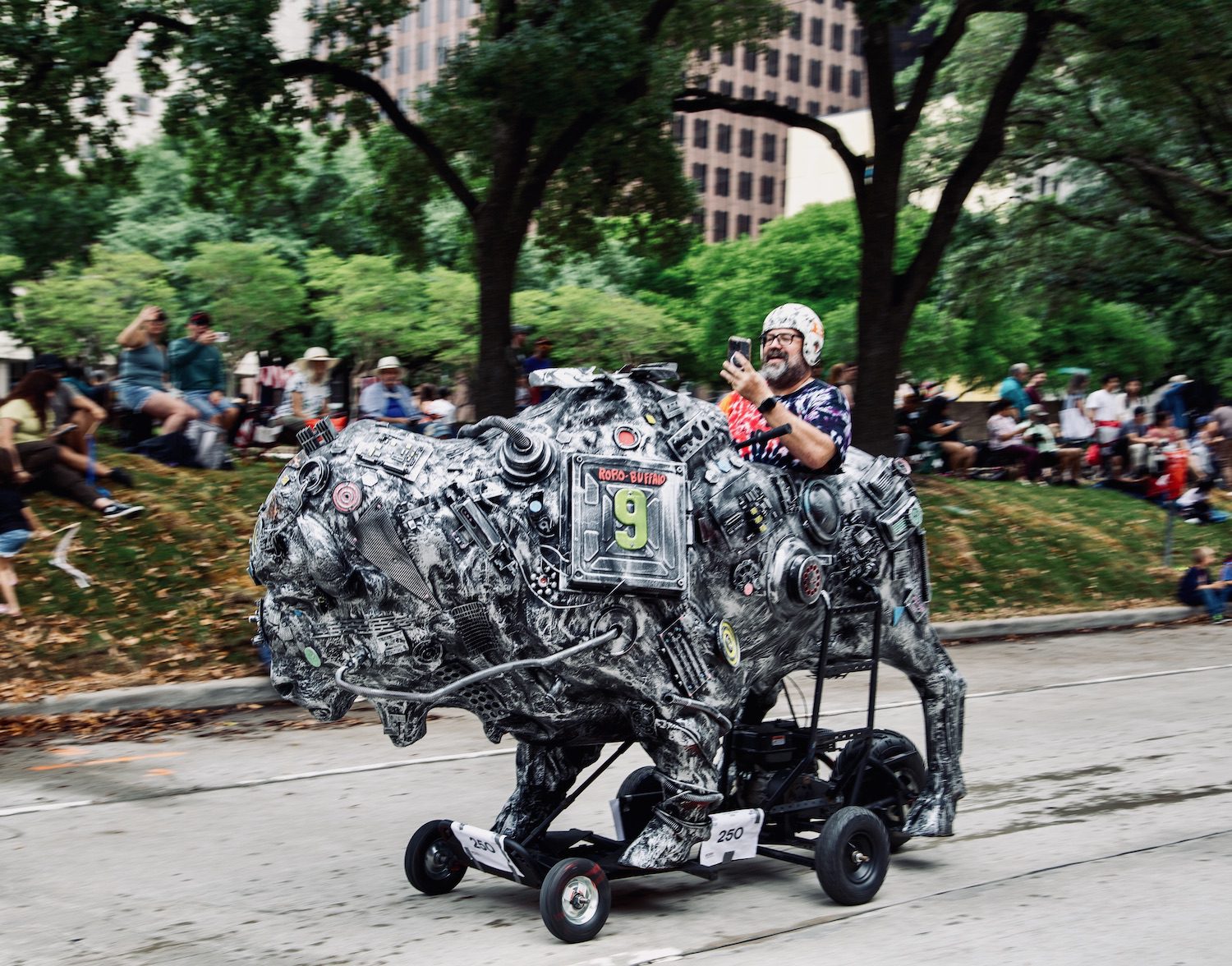 “Robo-Buffalo” by Josh Waddell and 3 Bulls UPcycling at the Orange Show’s 39th Annual Art Car Parade. (Photo by Mike Herrera)