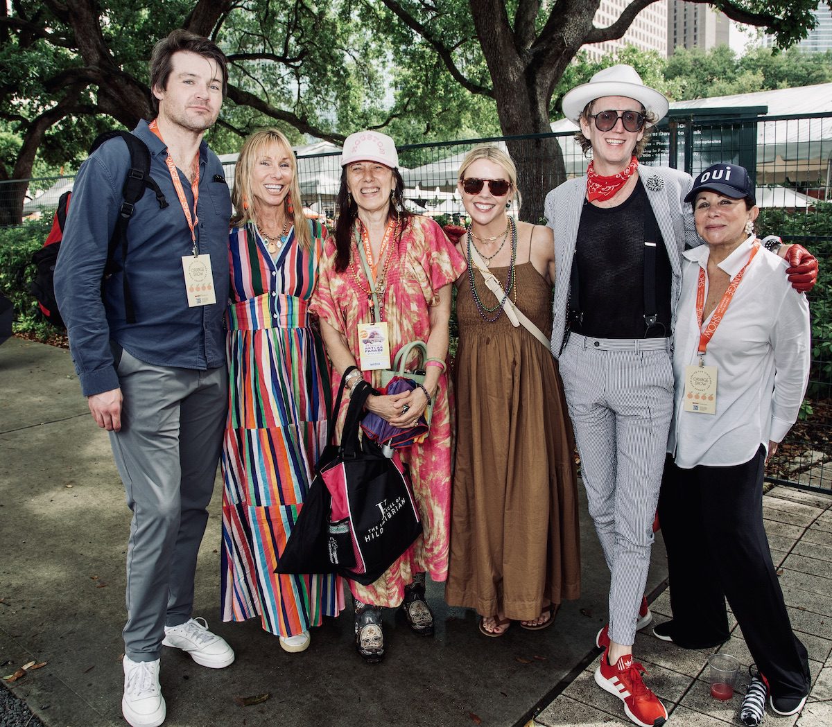 Cooper Sukaly, Melissa Dobrowski, Catherine D. Anspon, Piper Faust, Alton DuLaney and Rosie Meyers at the Orange Show’s 39th Annual Art Car Parade. (Photo by Mike Herrera)