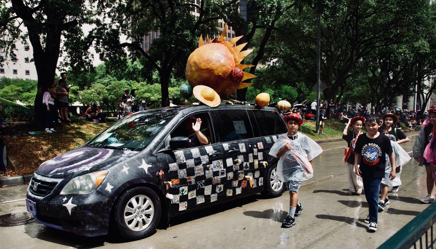 “Oops! We Found a Galaxy!” by the S.R.E. Space Rangers of Sylvan Rodriguez Elementary at the Orange Show’s 39th Annual Art Car Parade. (Photo by Mike Herrera)