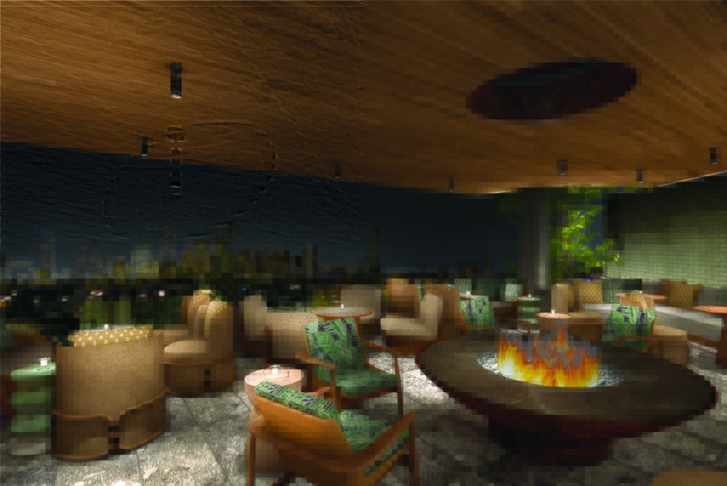 A rendering of the lush rooftop lounge Highgrass