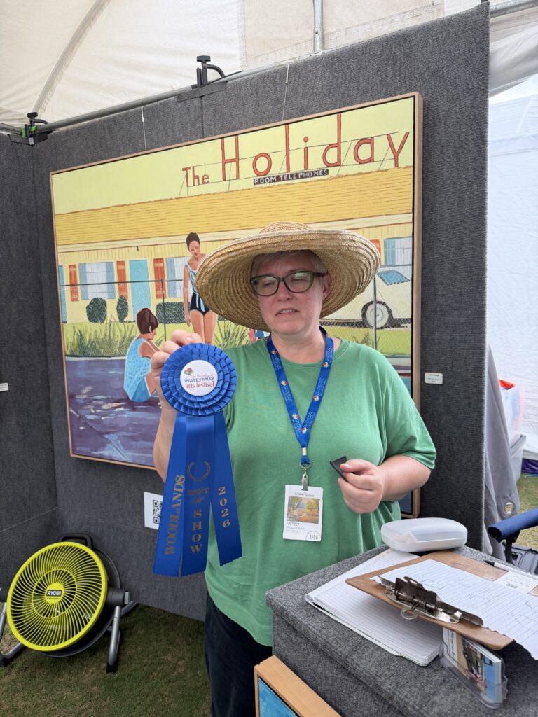 Margaret Baker of Winter Springs, Florida, won Best of Show in Painting at the 2026 Woodlands Waterway Arts Festival. (Photo by Laura Landsbaum)