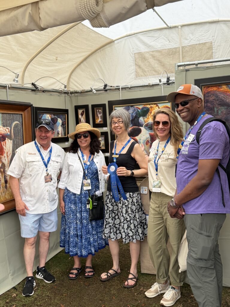 Nick Wolda, Jenny Carattini-Wright, pastel artist Rita Kirkman, Haley Garcia and Ted Washington. Kirkman won Best of Show in Pastels at the 2026 Woodlands Waterway Arts Festival. (Photo by Laura Landsbaum)