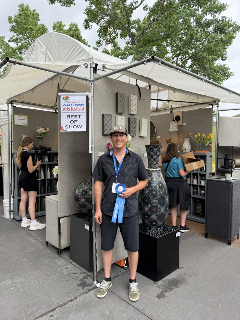 Matt Conlon of Utah won Best of Show in Ceramics at the 2026 Woodlands Waterway Arts Festival. (Photo by Laura Landsbaum)