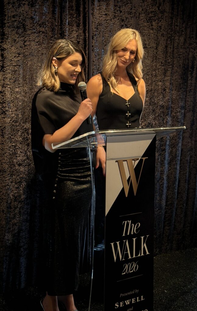 The Walk co-chairs Tina Kosh Goodson and Kim Bonilla introduce this year’s Community Champions at Amerigo’s. (Photo by Laura Landsbaum)