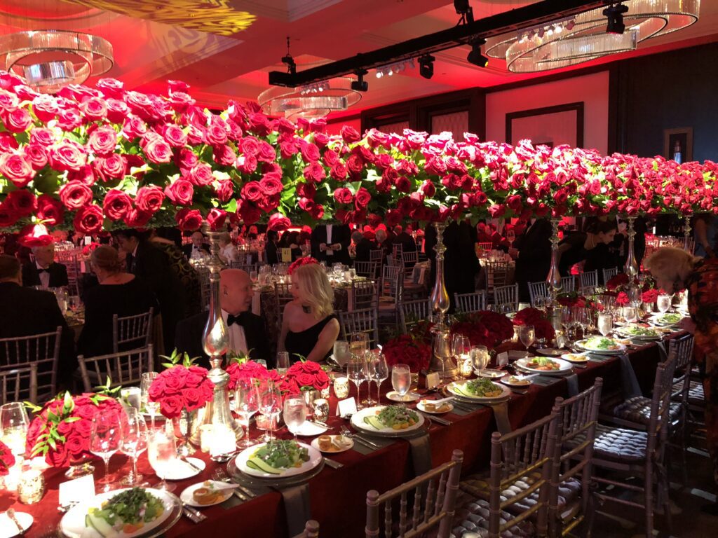 Richard Flowers and The Events Company creates a canopy of roses above the dinner tables at a Houston Symphony Ball (Photo by Shelby Hodge)