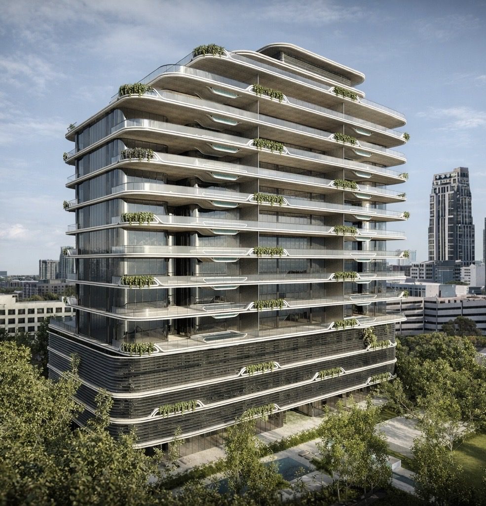 A rendering of KA Residences Houston, co-founded by Nina Magon of Nina Magon Studio and Moiz Bhamani of Eletell Development.
