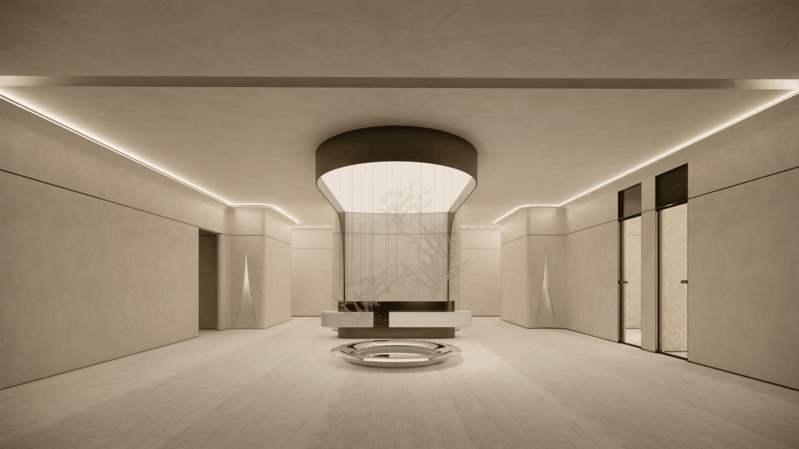 The interiors of KA Residences have a neutral palette, with rare stone, highly textural surfaces, and gentle lighting. 