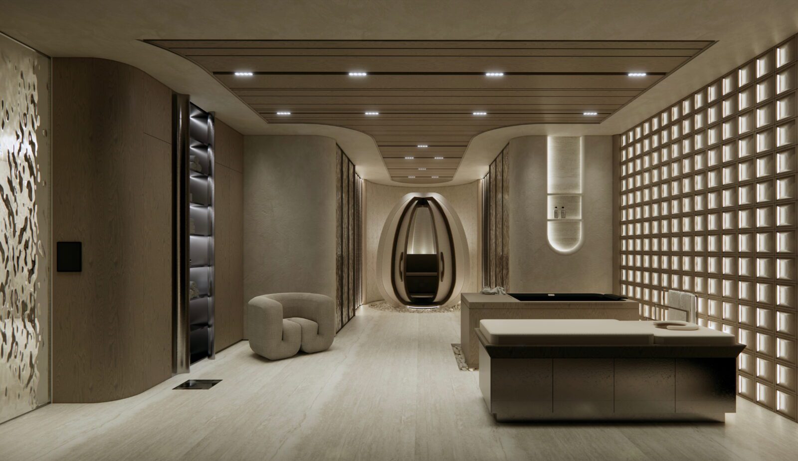 The Merkaba Room in every residence includes a hot and cold plunge, a hyperbaric chamber, meditation pod, red light dry sauna, in-floor body scan and more.