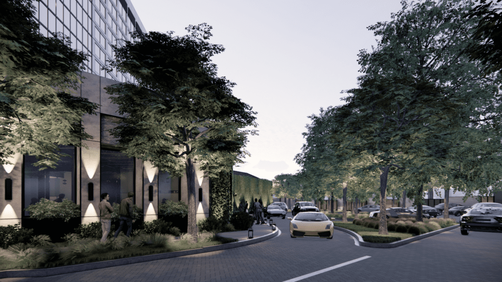 A rendering of the restaurant corner at night.