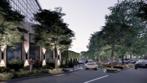 A rendering of the restaurant corner at night.