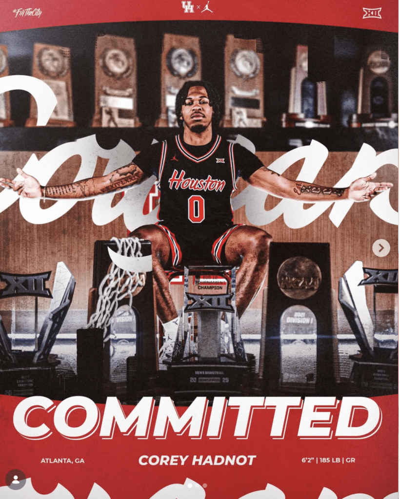 Coveted transfer guard Corey Hadnot made it University of Houston official on Instagram.