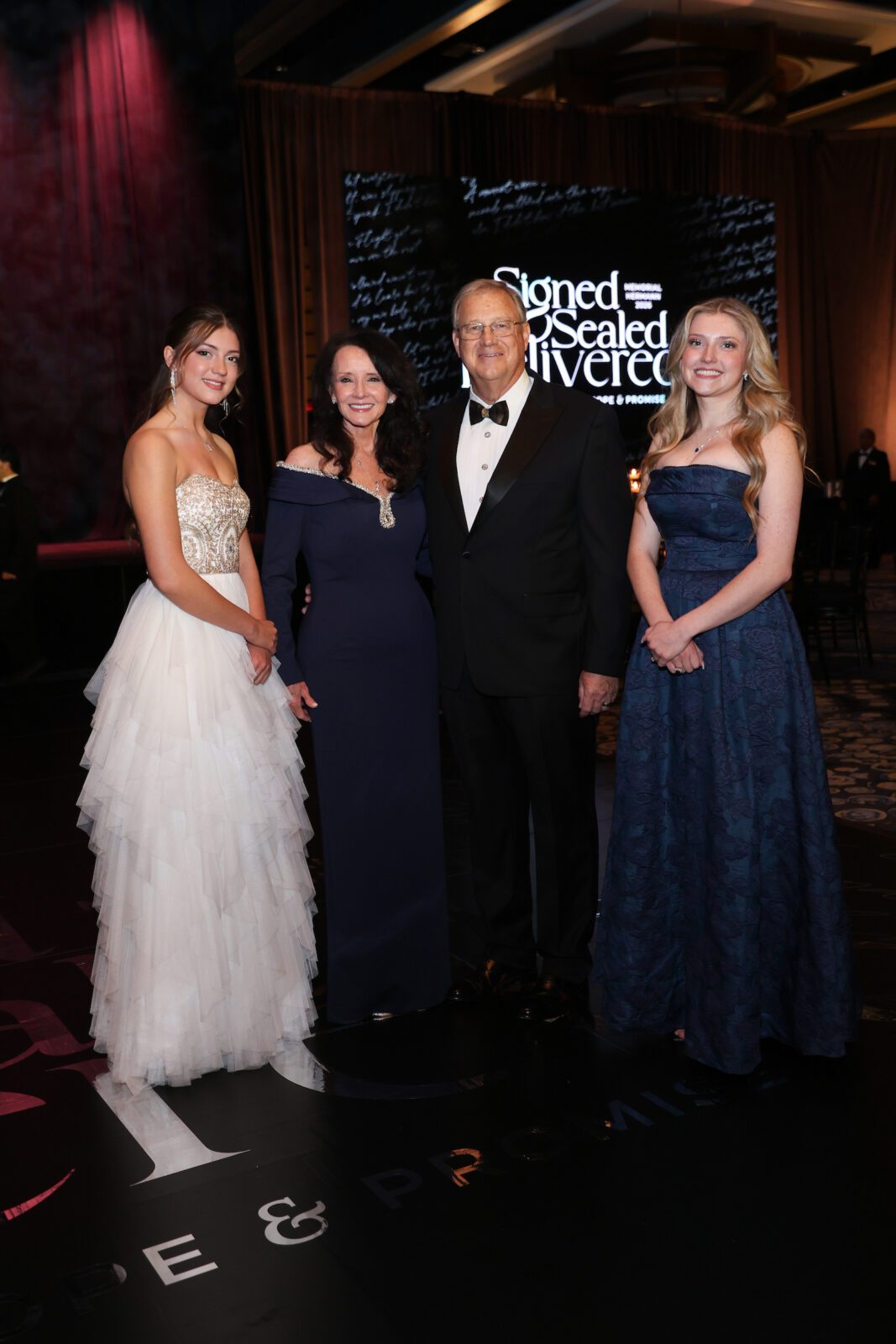 Kamdyn Dawson, Gail & Greg Garland, Mackenzie Dawson at the Memorial Hermann 'Signed, Sealed, Delivered' gala (Photo by Priscilla Dickson)