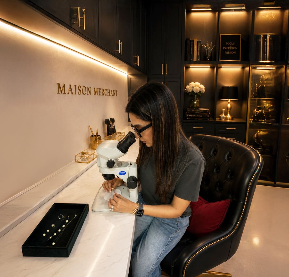 Sneha Merchant at work designing pieces for her stunning Maison Merchant jewelry collection (Photo by Hung L. Truong)